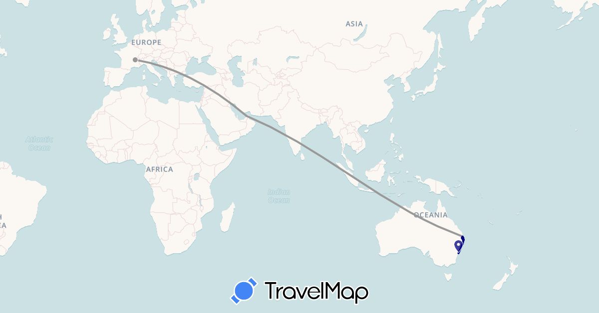 TravelMap itinerary: driving, plane in United Arab Emirates, Australia, France (Asia, Europe, Oceania)